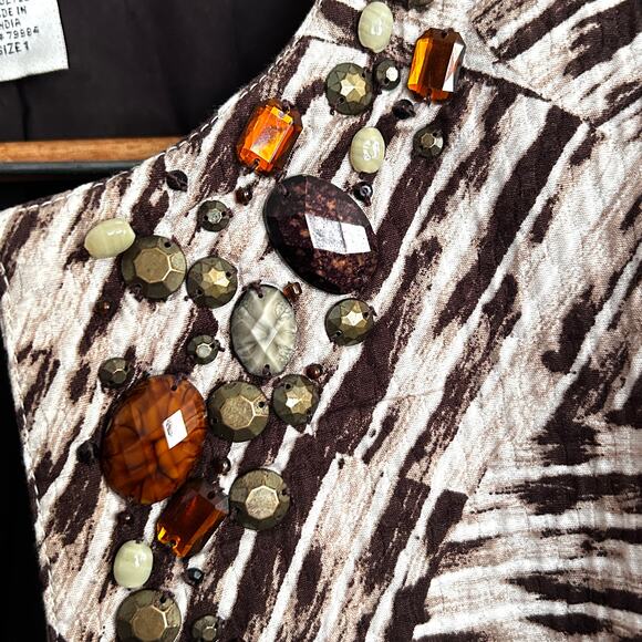 Chicos Beaded Dinner Jacket L 1 Brown Tan Resort Cruise Cocktail Holiday Glam - Picture 7 of 7